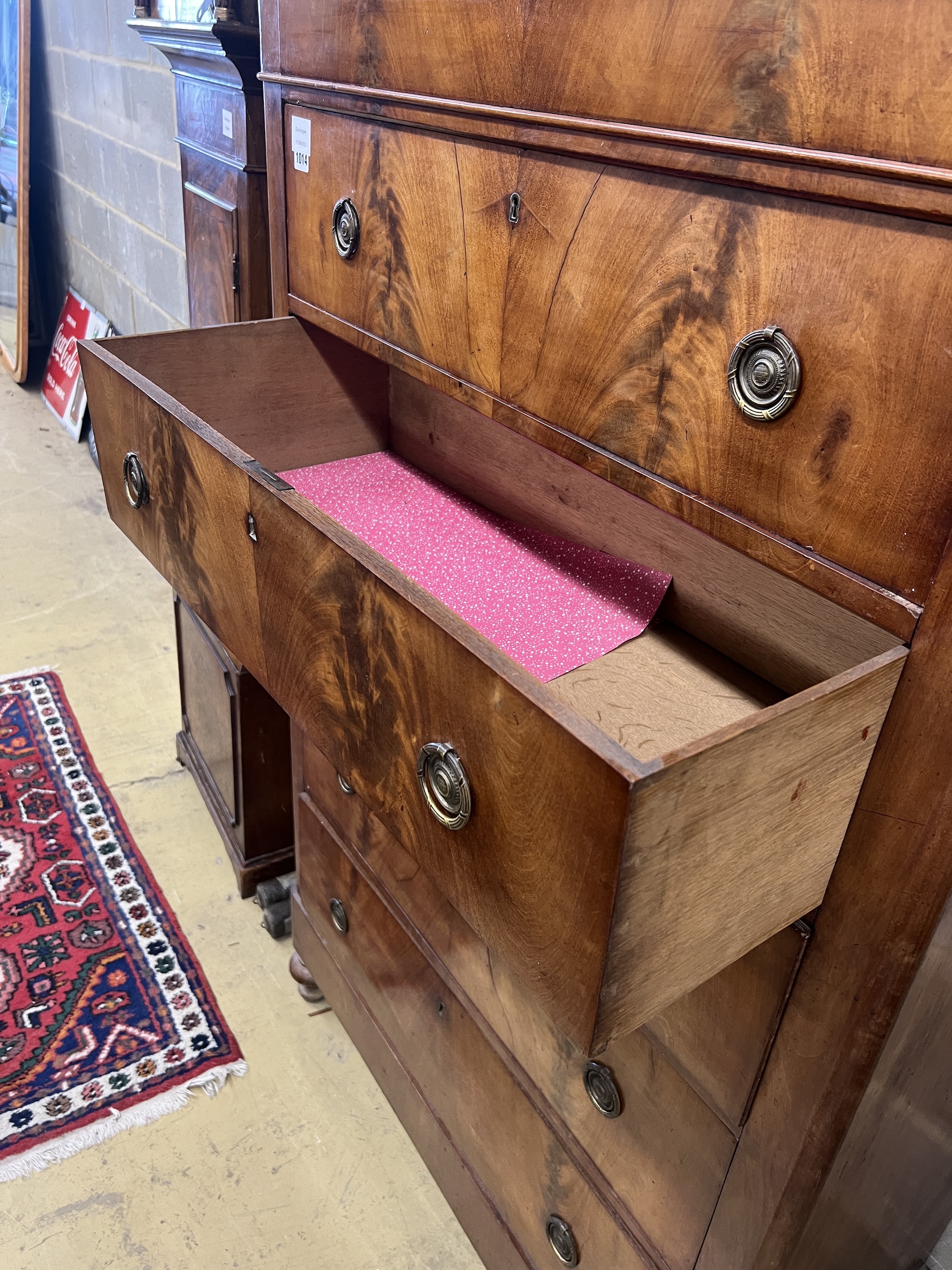 A 19th century French mahogany chest of six drawers, width 104cm, depth 46cm, height 159cm